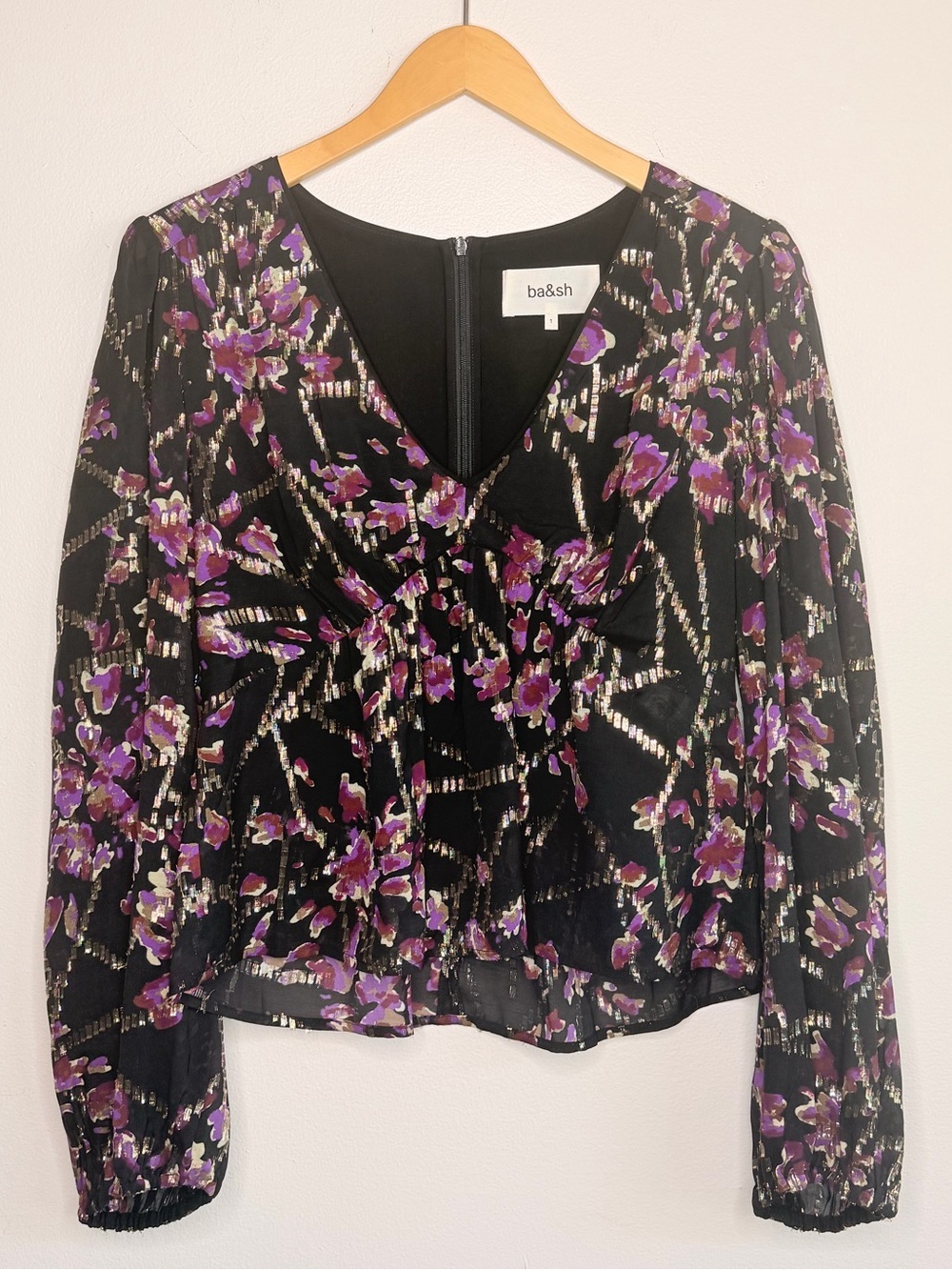 ba&sh Divine Silk Blend Gold Lurex Long Sleeved Peasant Top in Noir US Size 4 - Picture 6 of 15